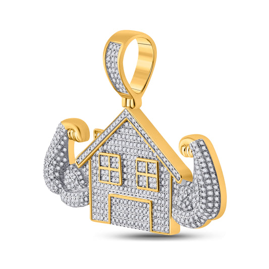10K YELLOW GOLD ROUND DIAMOND FLEX TRAP HOUSE CHARM PENDANT 1-1/2 CTTW