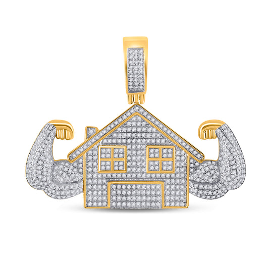 10K YELLOW GOLD ROUND DIAMOND FLEX TRAP HOUSE CHARM PENDANT 1-1/2 CTTW