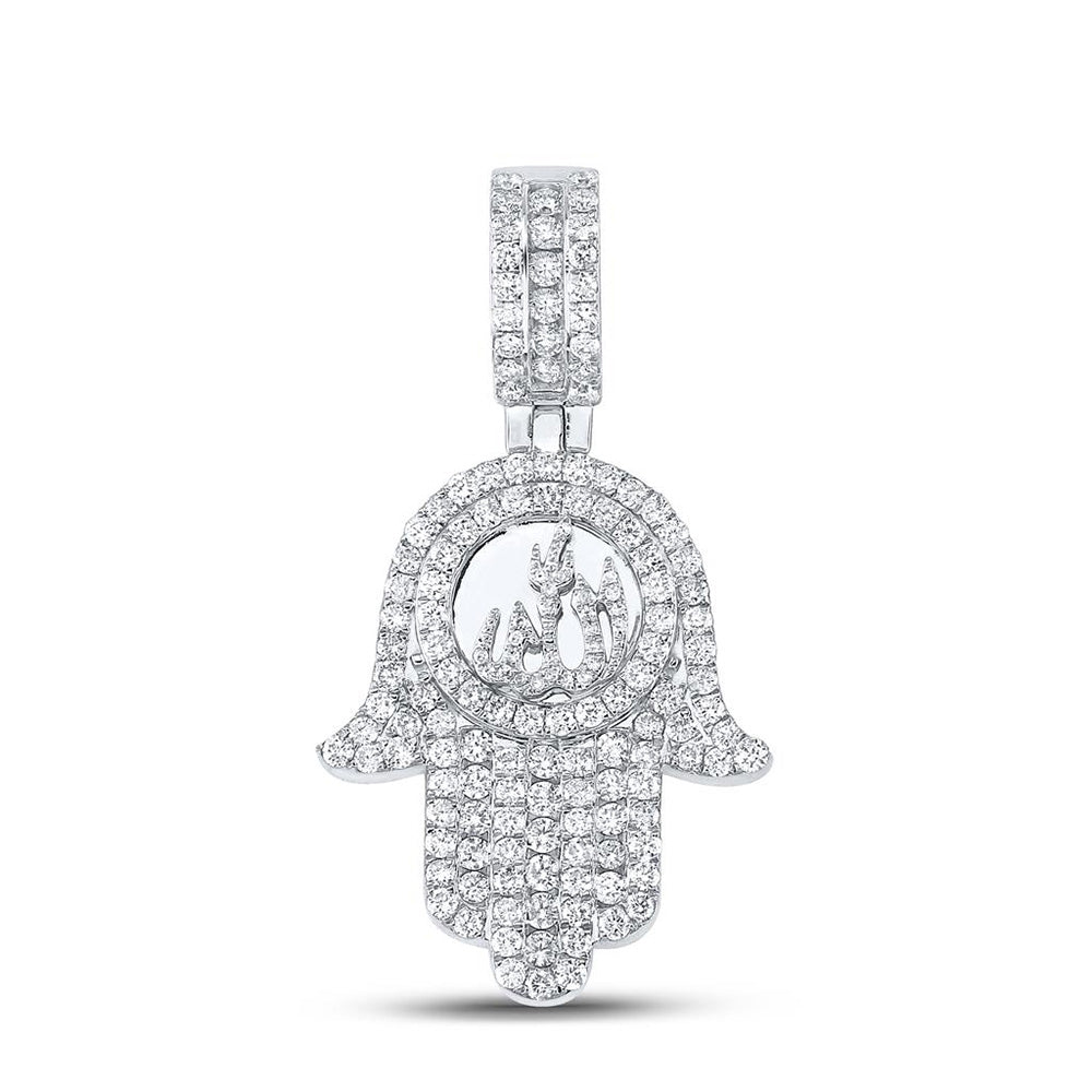10K WHITE GOLD ROUND DIAMOND ALLAH HAMSA CHARM PENDANT 3 CTTW