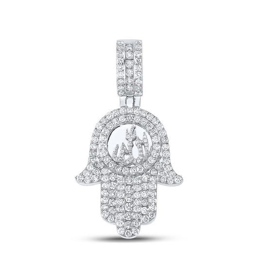 10K WHITE GOLD ROUND DIAMOND ALLAH HAMSA CHARM PENDANT 3 CTTW