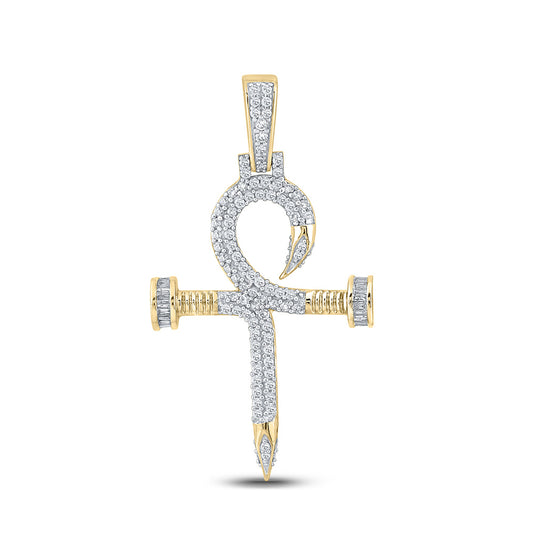 10K YELLOW GOLD BAGUETTE DIAMOND NAIL CROSS ANKH CHARM PENDANT 3/4 CTTW