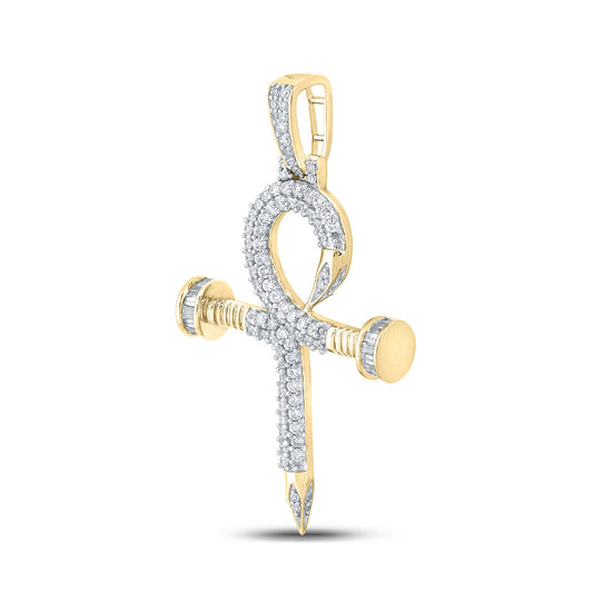 10K YELLOW GOLD BAGUETTE DIAMOND ANKH NAIL CROSS CHARM PENDANT 1 CTTW