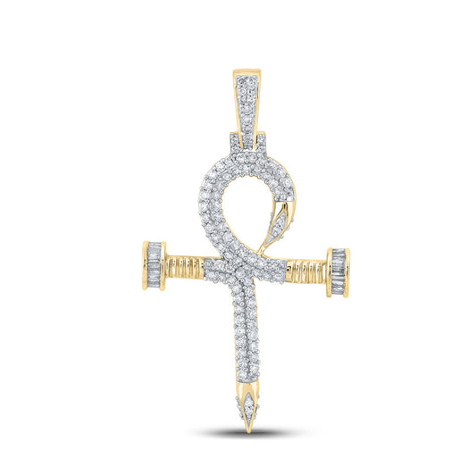 10K YELLOW GOLD BAGUETTE DIAMOND ANKH NAIL CROSS CHARM PENDANT 1 CTTW