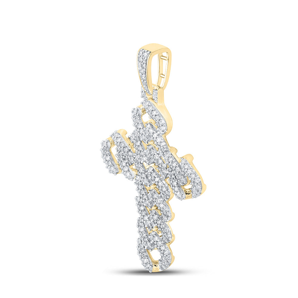 10K YELLOW GOLD ROUND DIAMOND CUBAN LINK CROSS CHARM PENDANT 1-3/4 CTTW