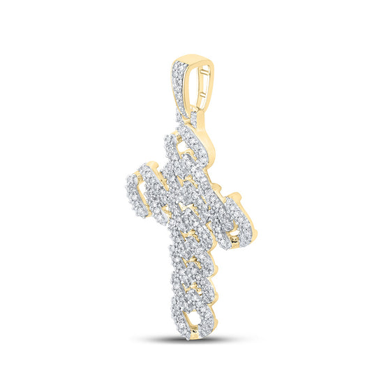 10K YELLOW GOLD ROUND DIAMOND CUBAN LINK CROSS CHARM PENDANT 1-3/4 CTTW