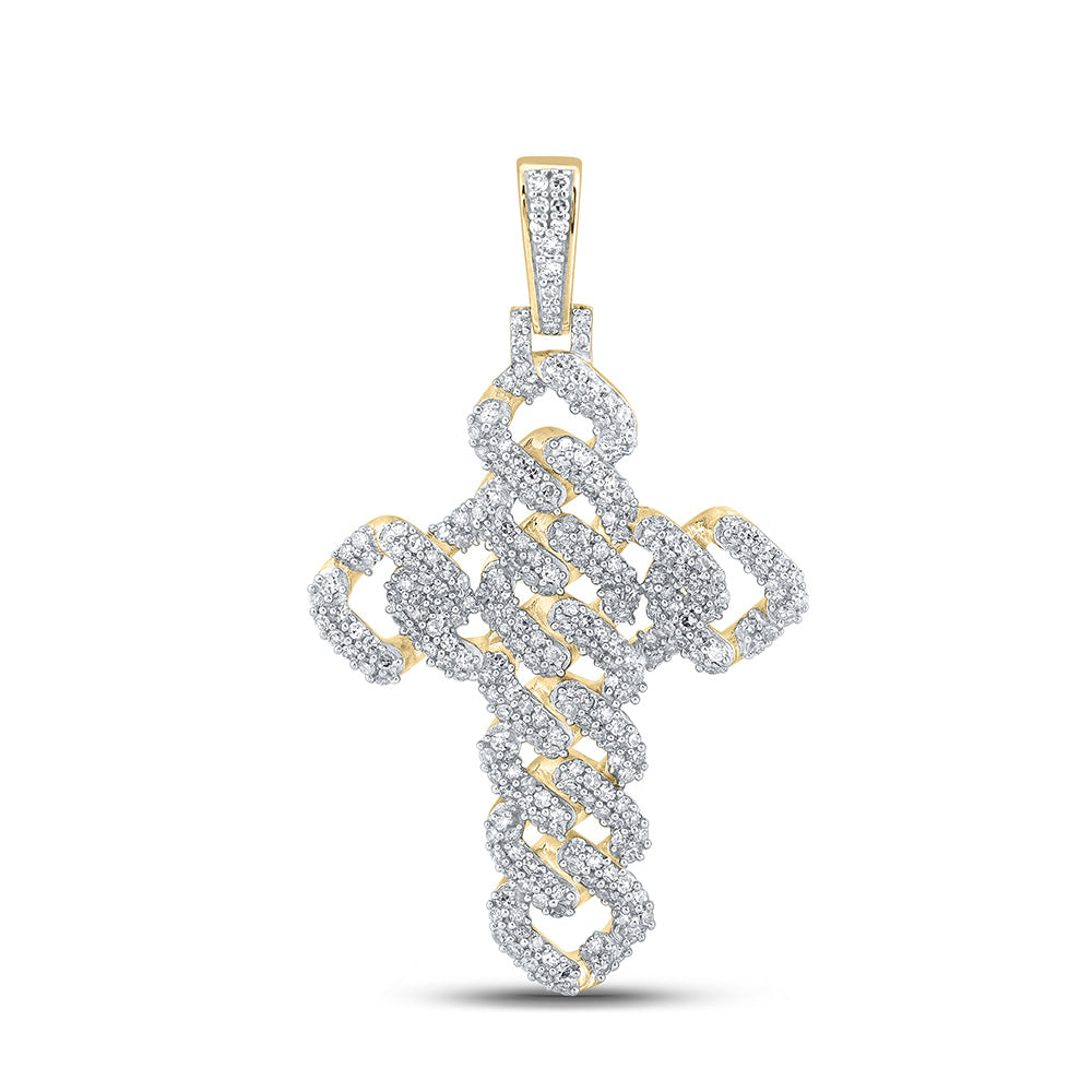 10K YELLOW GOLD ROUND DIAMOND CUBAN LINK CROSS CHARM PENDANT 1-3/4 CTTW