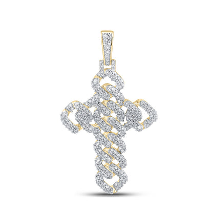 10K YELLOW GOLD ROUND DIAMOND CUBAN LINK CROSS CHARM PENDANT 1-3/4 CTTW