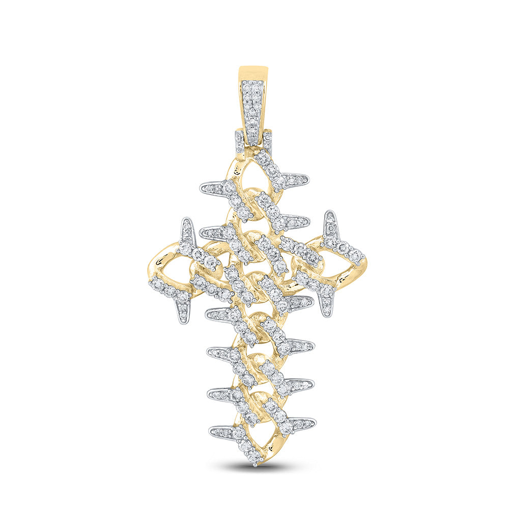 10K YELLOW GOLD ROUND DIAMOND CUBAN LINK CROSS CHARM PENDANT 1-1/2 CTTW