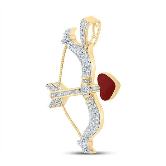 10K YELLOW GOLD BAGUETTE DIAMOND BOW ARROW HEART CHARM PENDANT 1 CTTW