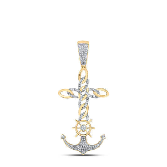 10K YELLOW GOLD ROUND DIAMOND ANCHOR CROSS CHARM PENDANT 3/8 CTTW