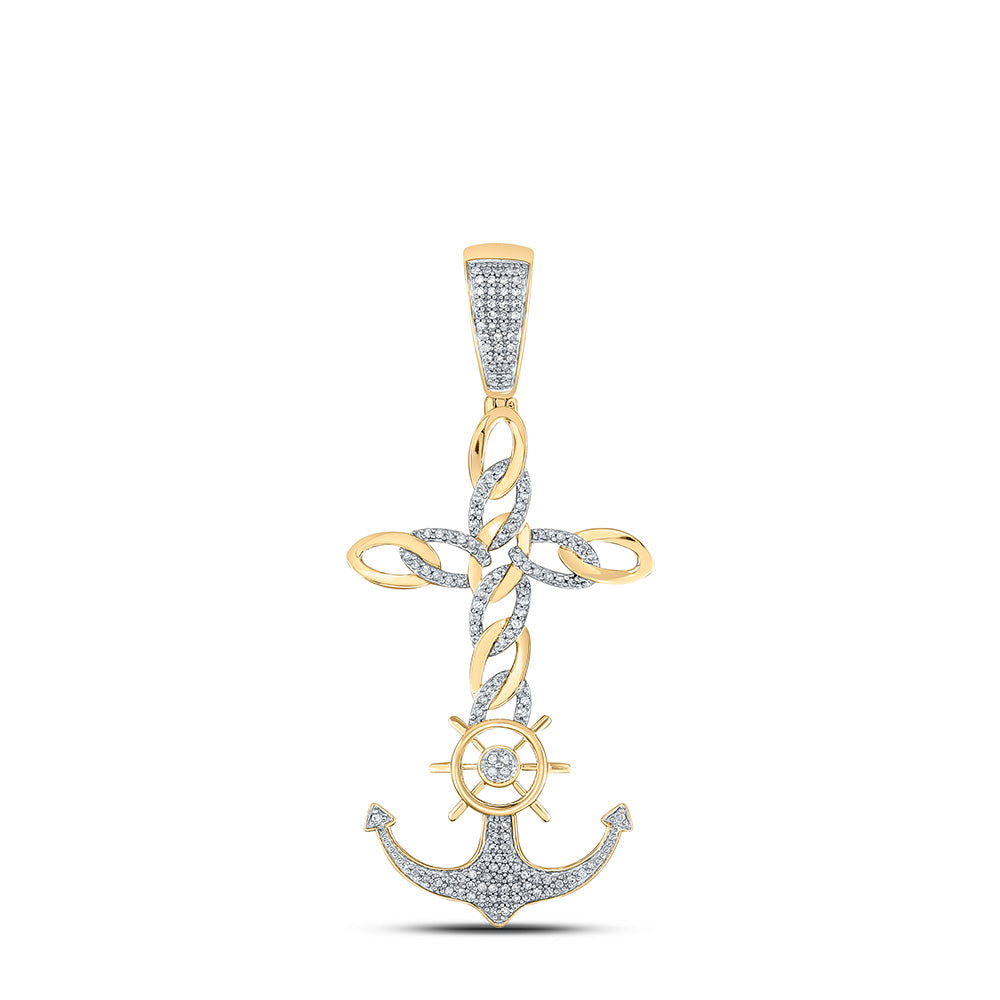 10K YELLOW GOLD ROUND DIAMOND ANCHOR CROSS CHARM PENDANT 3/8 CTTW