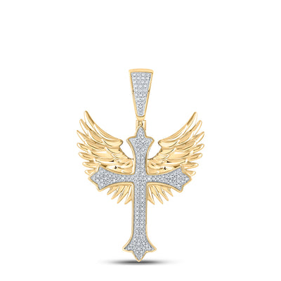 10K YELLOW GOLD ROUND DIAMOND WING CROSS CHARM PENDANT 3/8 CTTW