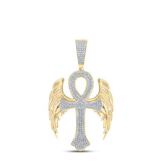 10K YELLOW GOLD ROUND DIAMOND WING ANKH CROSS CHARM PENDANT 5/8 CTTW