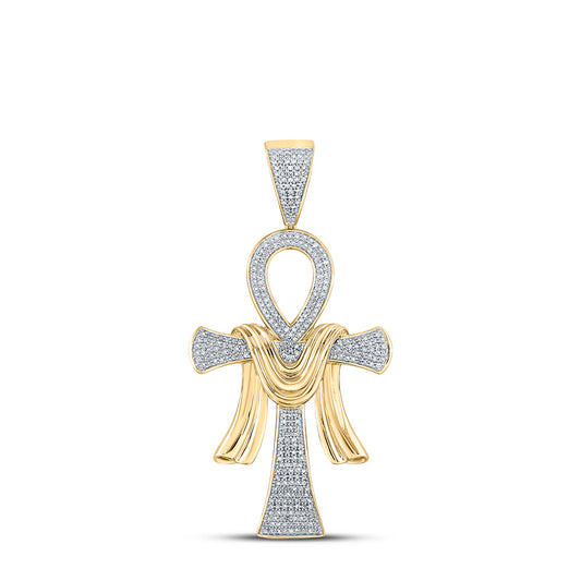 10K YELLOW GOLD ROUND DIAMOND ANKH CROSS CHARM PENDANT 3/4 CTTW