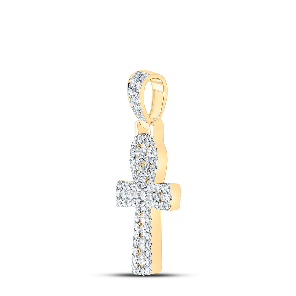 10K YELLOW GOLD ROUND DIAMOND ANKH CROSS CHARM PENDANT 1-3/4 CTTW