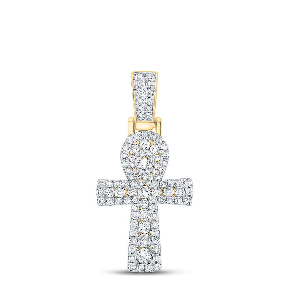 10K YELLOW GOLD ROUND DIAMOND ANKH CROSS CHARM PENDANT 1-3/4 CTTW