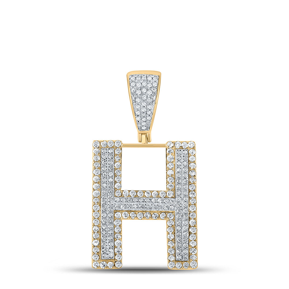 10K TWO-TONE GOLD ROUND DIAMOND INITIAL H LETTER CHARM PENDANT 7/8 CTTW