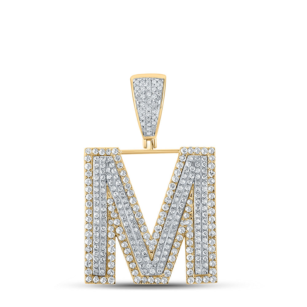 10K TWO-TONE GOLD ROUND DIAMOND INITIAL M LETTER CHARM PENDANT 1-1/5 CTTW