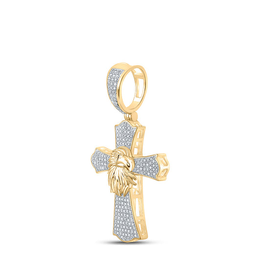 10K YELLOW GOLD ROUND DIAMOND EAGLE CROSS CHARM PENDANT 1/2 CTTW