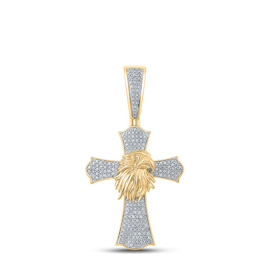 10K YELLOW GOLD ROUND DIAMOND EAGLE CROSS CHARM PENDANT 1/2 CTTW