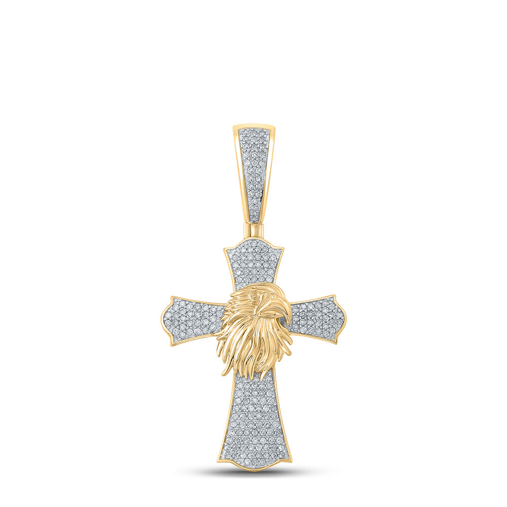 10K YELLOW GOLD ROUND DIAMOND EAGLE CROSS CHARM PENDANT 1/2 CTTW