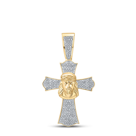 10K YELLOW GOLD ROUND DIAMOND JESUS CROSS CHARM PENDANT 1/2 CTTW
