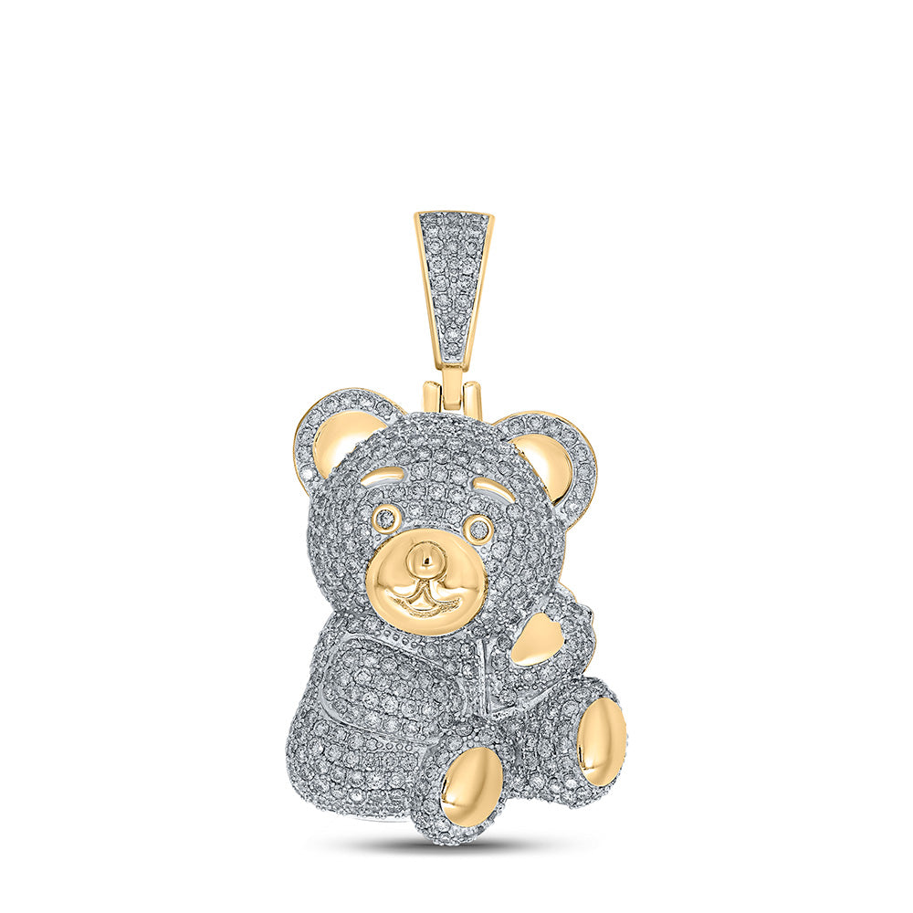 10K YELLOW GOLD ROUND DIAMOND TEDDY BEAR CHARM PENDANT 3-5/8 CTTW