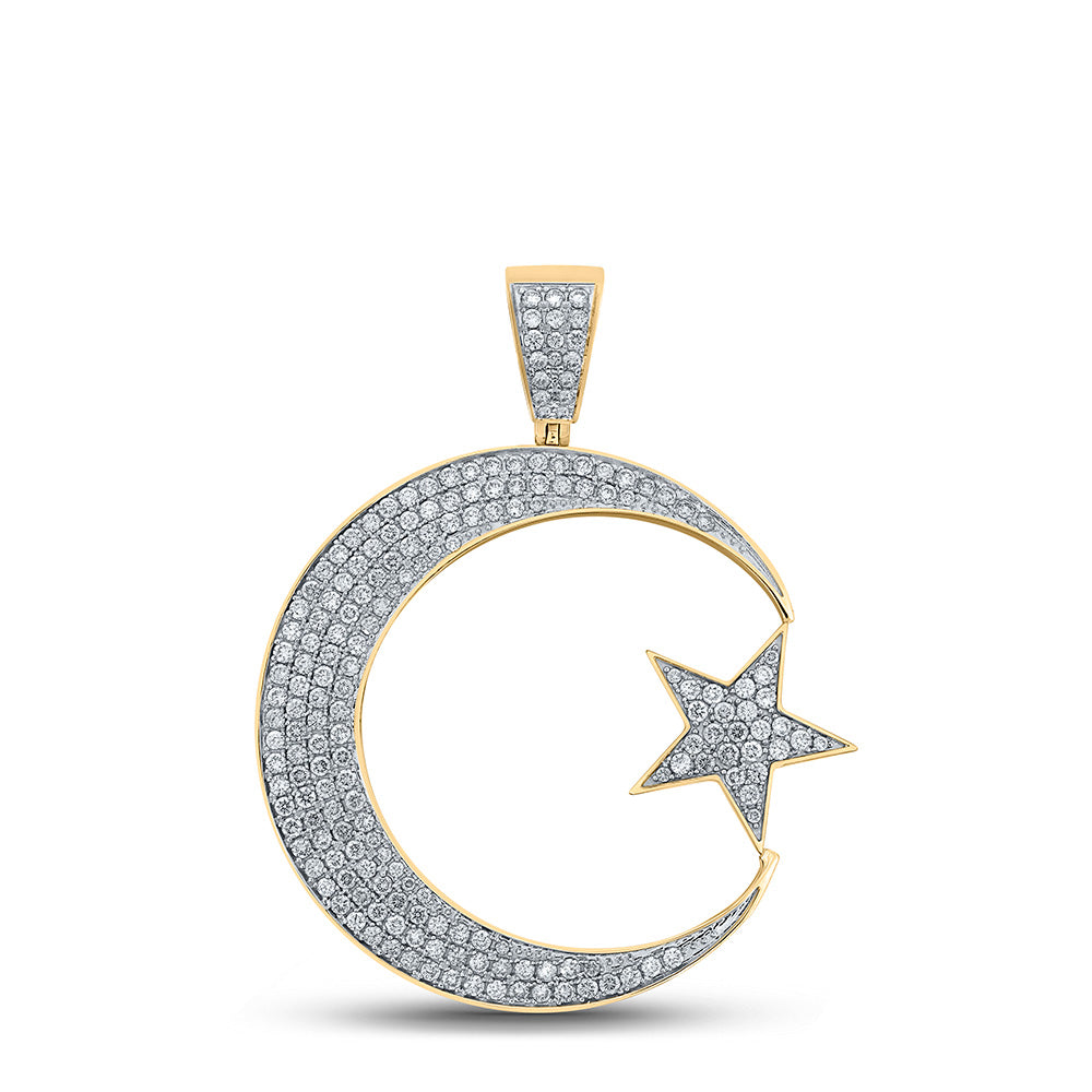 10K YELLOW GOLD ROUND DIAMOND ISLAM CRESCENT MOON STAR CHARM PENDANT 1-7/8 CTTW