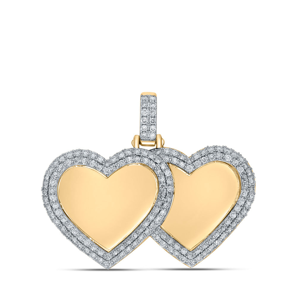 10K YELLOW GOLD ROUND DIAMOND MEMORY DOUBLE HEART CHARM PENDANT 1-3/4 CTTW