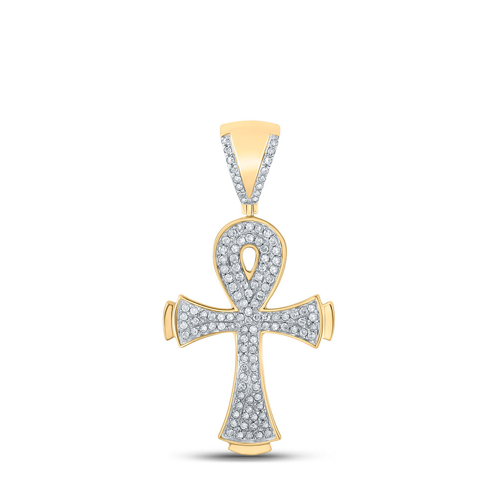 10K YELLOW GOLD ROUND DIAMOND ANKH CROSS CHARM PENDANT 1/3 CTTW