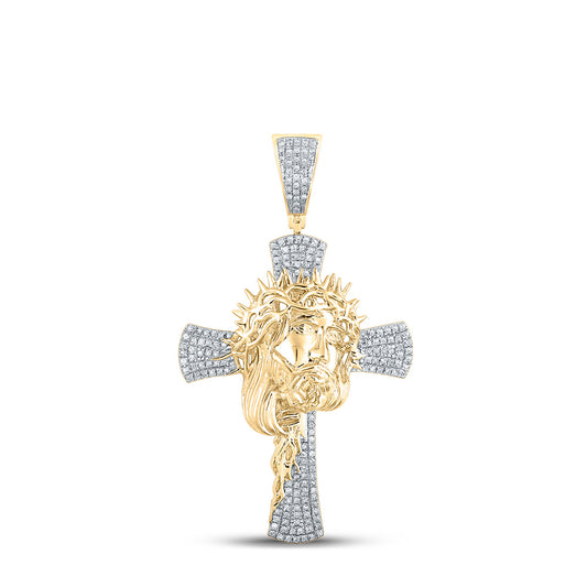 10K YELLOW GOLD ROUND DIAMOND JESUS CROSS CHARM PENDANT 1/2 CTTW