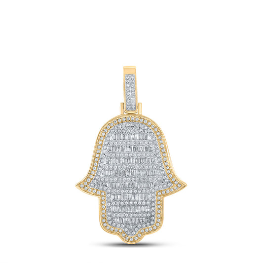 10K YELLOW GOLD BAGUETTE DIAMOND HAMSA CHARM PENDANT 1-5/8 CTTW