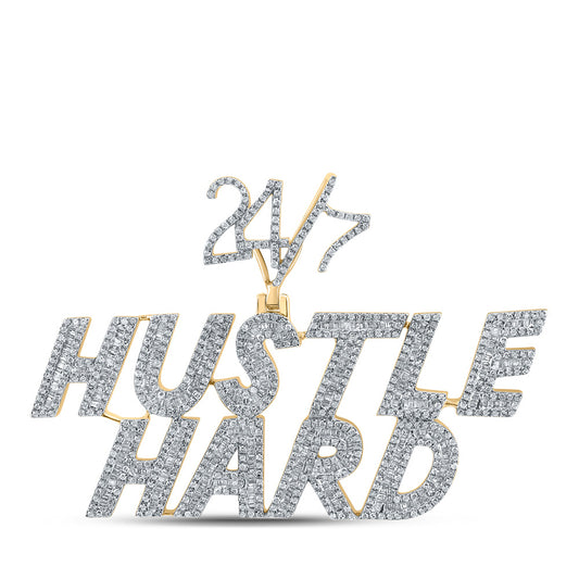 10K YELLOW GOLD BAGUETTE DIAMOND HUSTLE HARD 24 7 CHARM PENDANT 2-5/8 CTTW