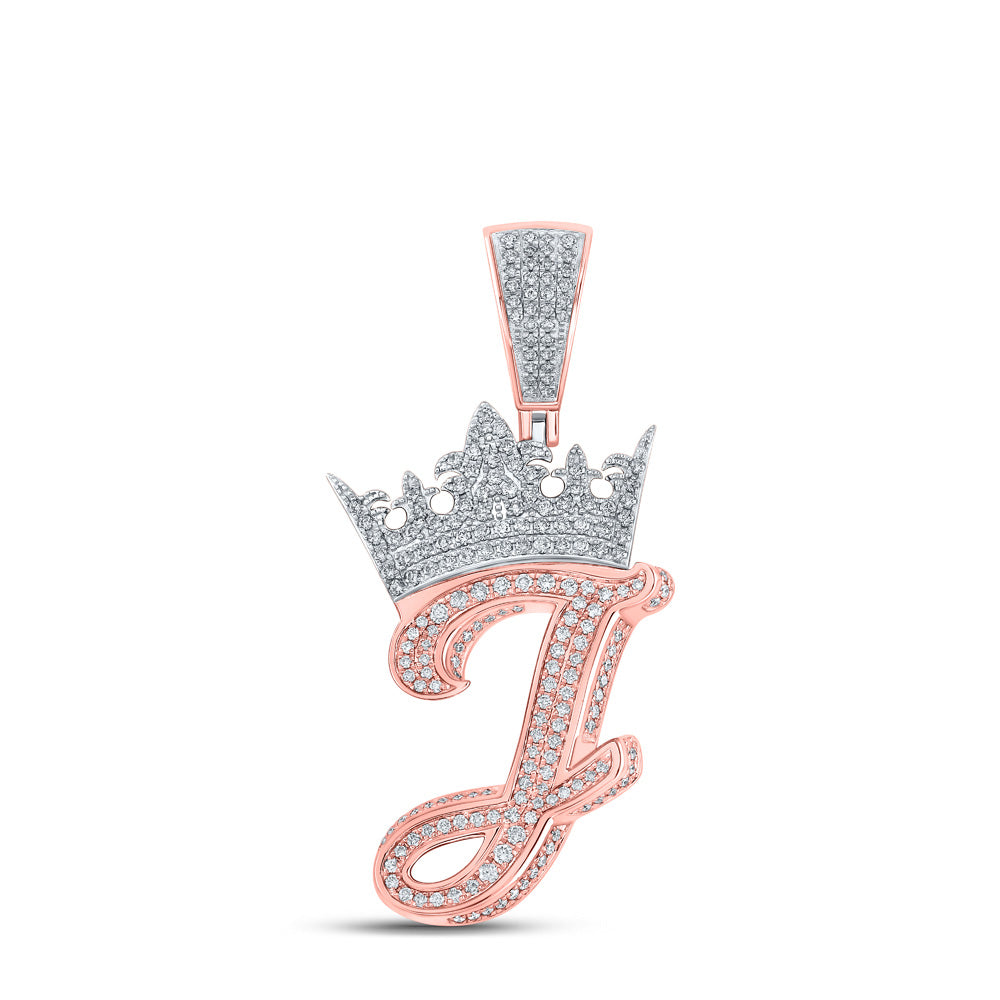 10K TWO-TONE GOLD ROUND DIAMOND CROWN J LETTER CHARM PENDANT 1-1/4 CTTW