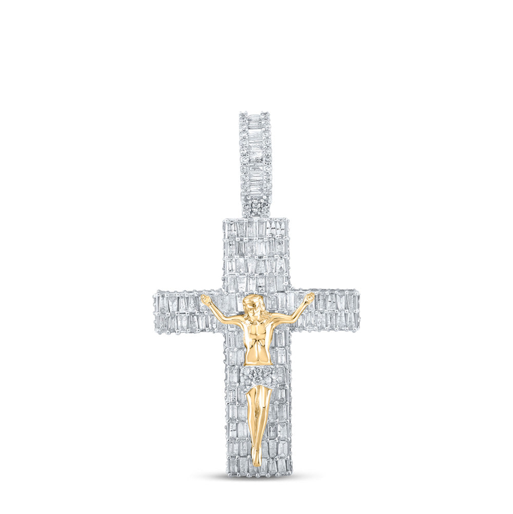 10K YELLOW GOLD BAGUETTE DIAMOND JESUS CROSS CHARM PENDANT 3-7/8 CTTW