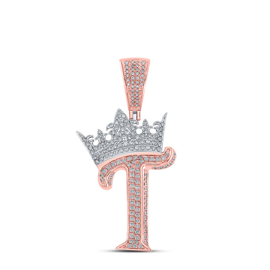 10K TWO-TONE GOLD ROUND DIAMOND T CROWN LETTER CHARM PENDANT 1 CTTW