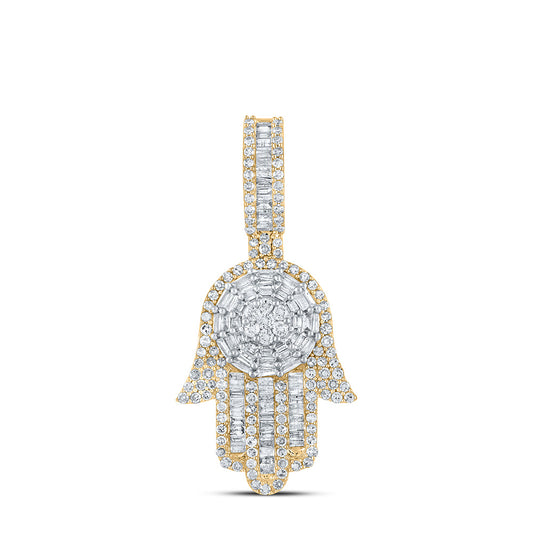 10K YELLOW GOLD BAGUETTE DIAMOND HAMSA CHARM PENDANT 1-5/8 CTTW