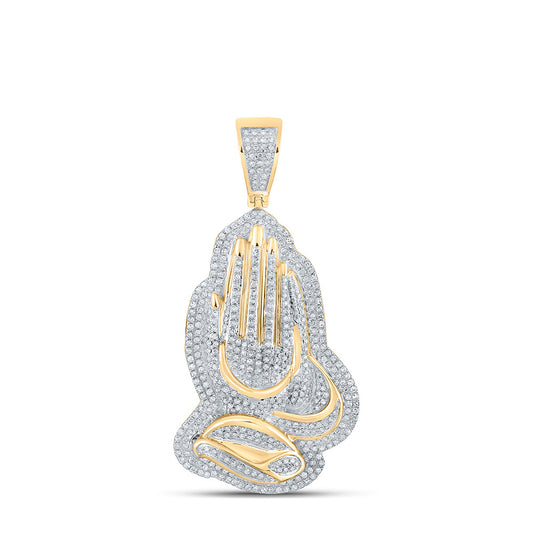 10K YELLOW GOLD ROUND DIAMOND PRAYING HANDS CHARM PENDANT 1-1/3 CTTW