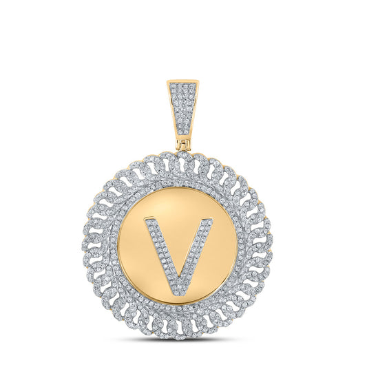 10K YELLOW GOLD ROUND DIAMOND V LETTER CIRCLE CHARM PENDANT 1-1/5 CTTW