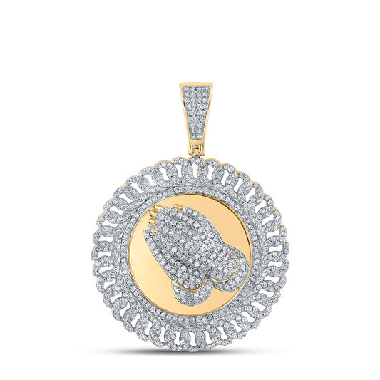 10K YELLOW GOLD ROUND DIAMOND PRAYER HANDS CIRCLE CHARM PENDANT 1-1/3 CTTW