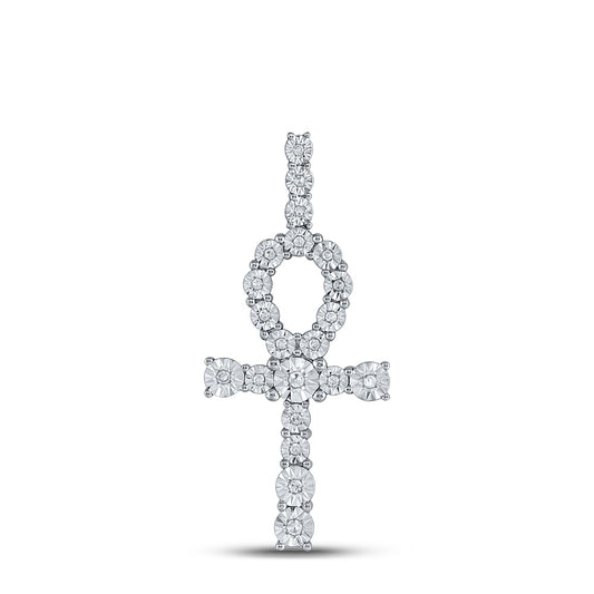 10K WHITE GOLD ROUND DIAMOND ANKH CROSS CHARM PENDANT 1/5 CTTW