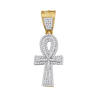 10K YELLOW GOLD ROUND DIAMOND ANKH CROSS RELIGIOUS CHARM PENDANT 1/2 CTTW