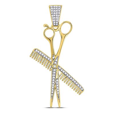 10KT YELLOW GOLD DIAMOND BARBER SCISSORS COMB CLIPPERS CHARM PENDANT 1/3 CTTW