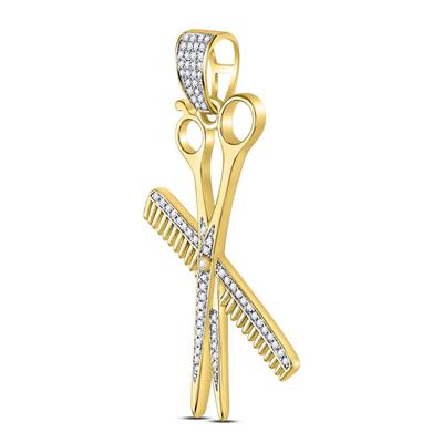10KT YELLOW GOLD DIAMOND BARBER SCISSORS COMB CLIPPERS CHARM PENDANT 1/3 CTTW