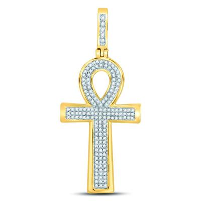 10KT YELLOW GOLD ROUND DIAMOND ANKH CROSS CHARM PENDANT 1/3 CTTW