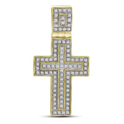 10K YELLOW GOLD ROUND DIAMOND LAYERED CROSS CHARM PENDANT 1/4 CTTW