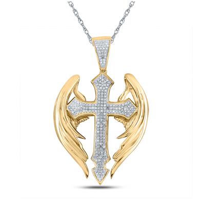 10K YELLOW GOLD ROUND DIAMOND WINGS CROSS CHARM PENDANT 1/2 CTTW