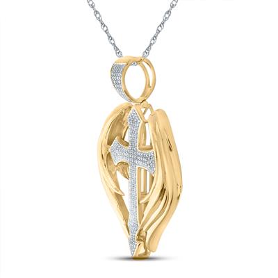 10K YELLOW GOLD ROUND DIAMOND WINGS CROSS CHARM PENDANT 1/2 CTTW