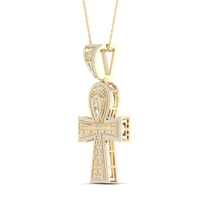 10K YELLOW GOLD ROUND DIAMOND ANKH CROSS CHARM PENDANT 1/2 CTTW