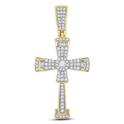 10KT YELLOW GOLD ROUND DIAMOND FLARED CROSS CRUCIFIX CHARM PENDANT 1/2 CTTW